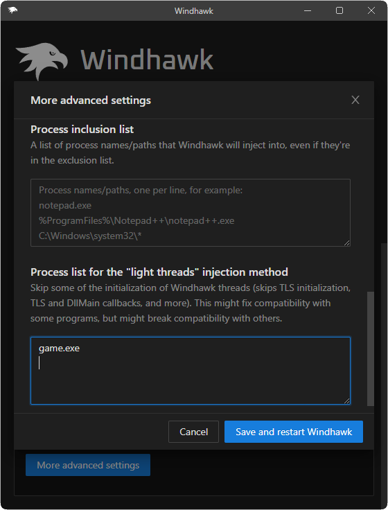 Windhawk advanced options process list