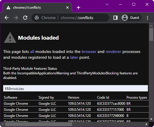 Chrome's module conflicts page